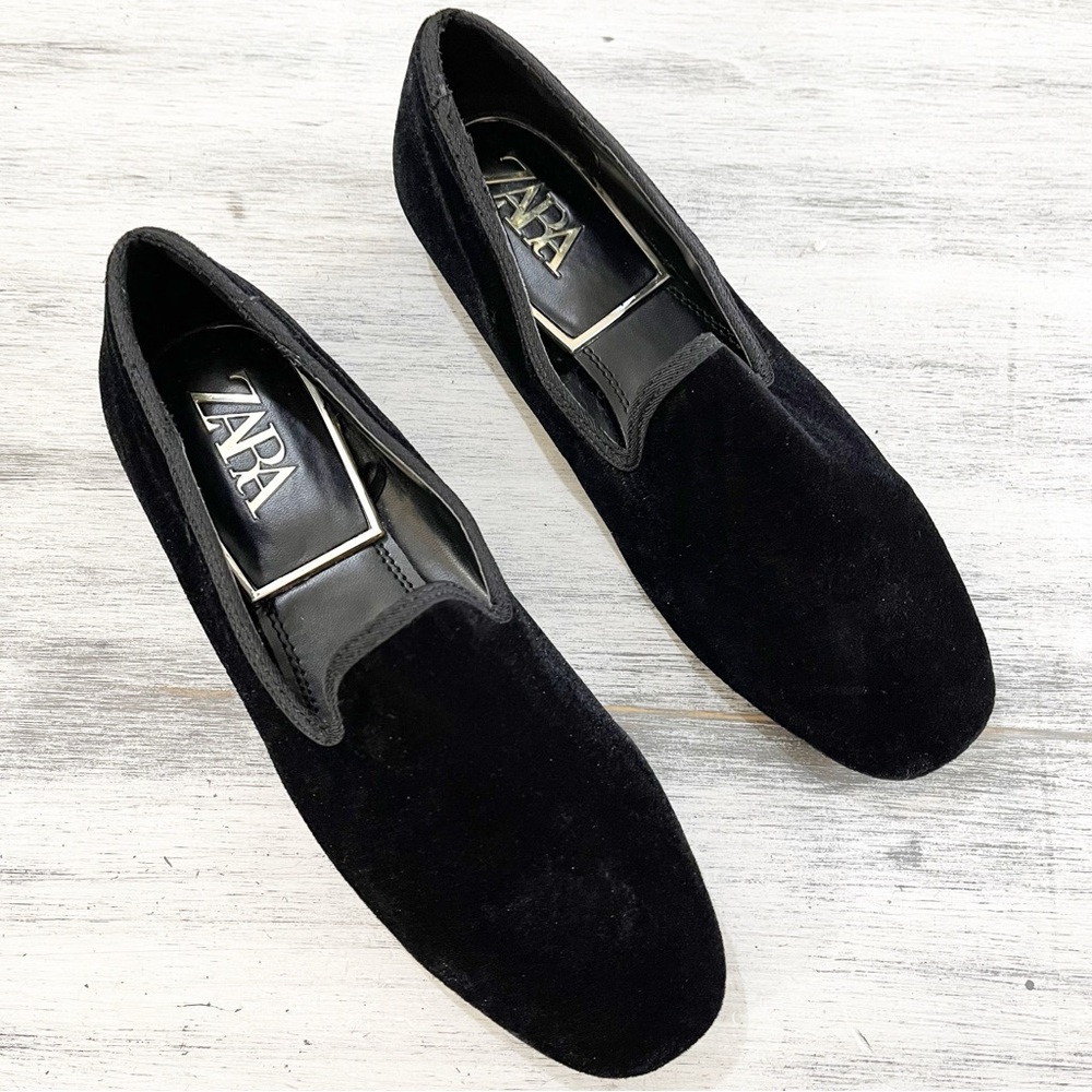 Zara Black Velvet Flats Square Toe Size 36